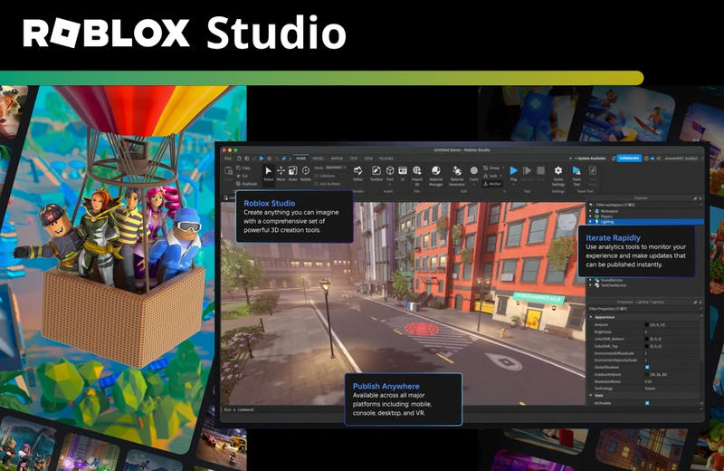 Roblox Studio interface showcasing 3D game creation tools and features like publishing and rapid iteration.