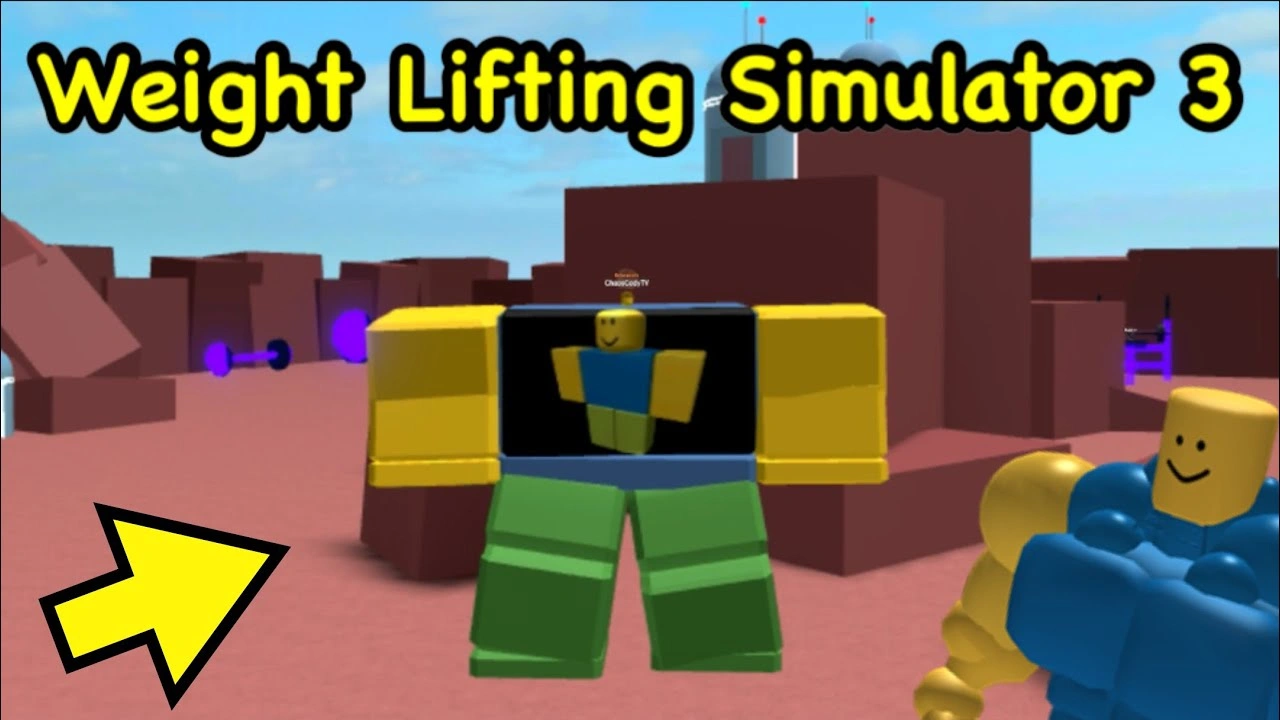 Roblox Weight Lifting Simulator 3 gameplay showing a muscular avatar and gym equipment in a blocky environment.