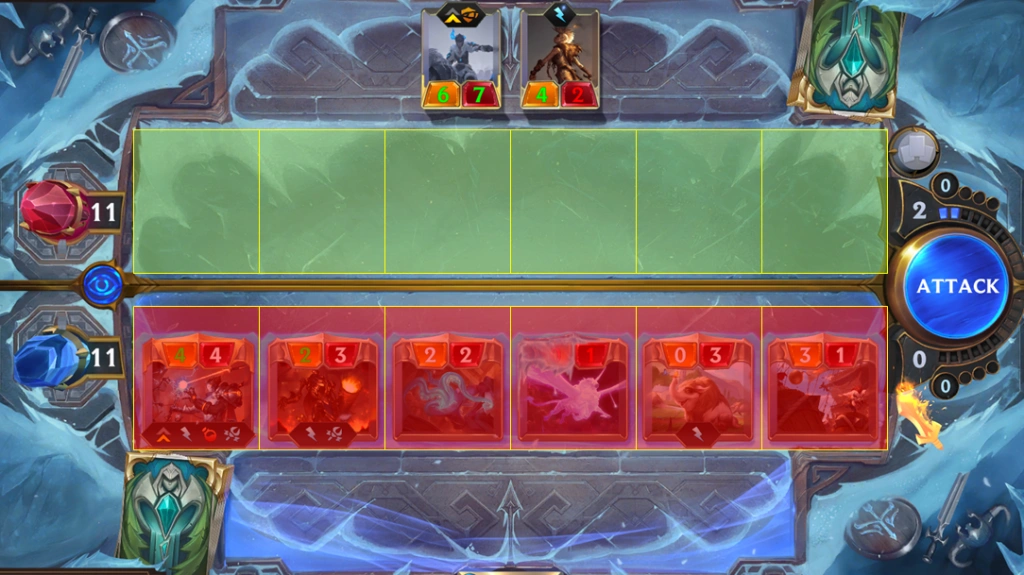 Capture d'écran d'un plateau de jeu Legends of Runeterra montrant des cartes, des compteurs de santé et le bouton de phase d'attaque.