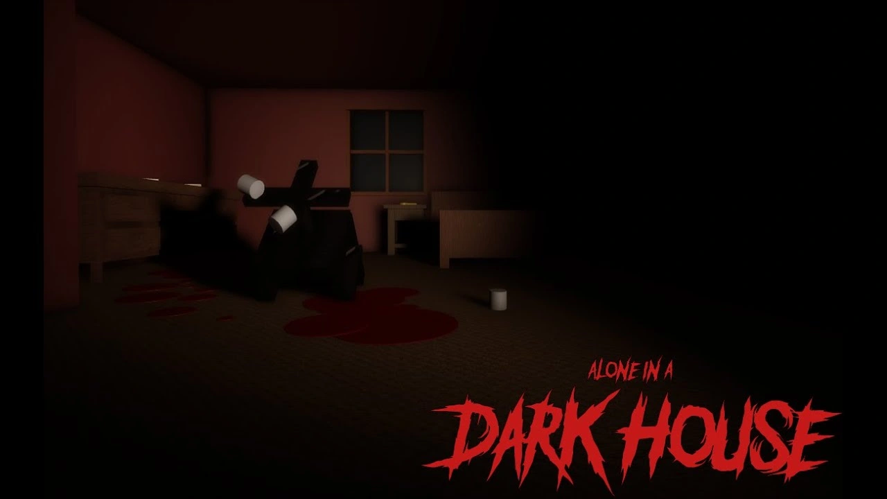 Dark, eerie room with a shadowy figure and bloodstains, highlighting the Roblox horror game 'Alone in a Dark House.'