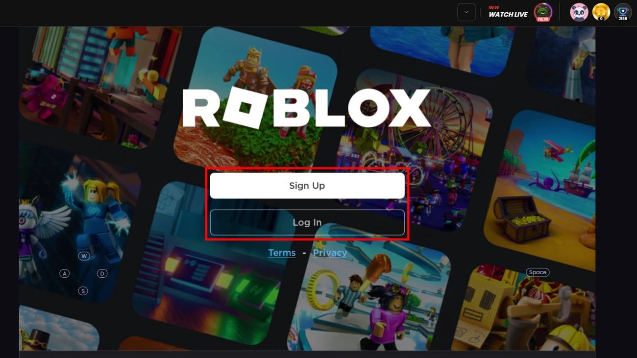 Roblox login screen with Sign Up and Log In buttons over a background of various Roblox game scenes.