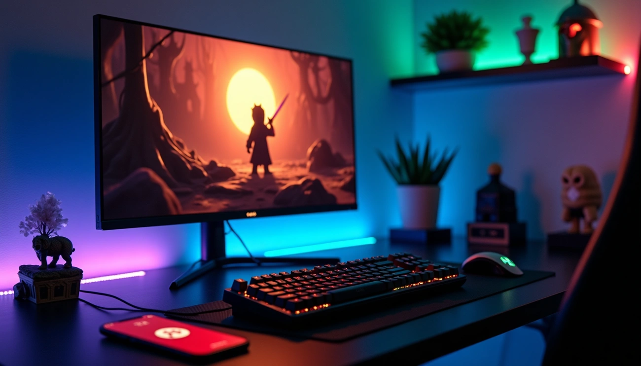 Gaming setup with RGB keyboard and monitor showing a Roblox RPG character silhouetted against a glowing sunset.
