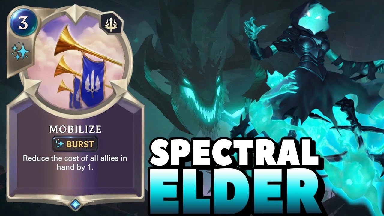 La carte Mobilisation de Legends of Runeterra réduit le coût des alliés avec un dragon ancien spectral et une figure fantomatique en arrière-plan.