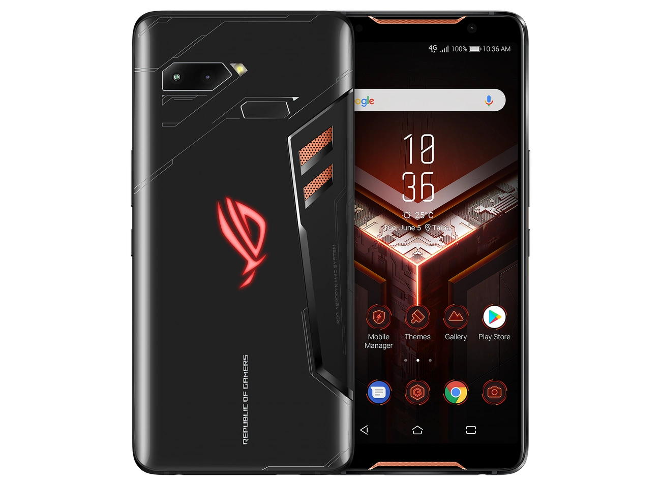 Front and back view of the ASUS ROG Phone gaming smartphone with illuminated logo and game-themed interface.