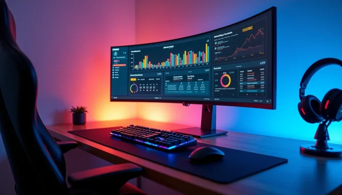 Curved monitor on a gaming desk displaying colorful Fortnite stats and graphs with RGB keyboard and headset nearby.