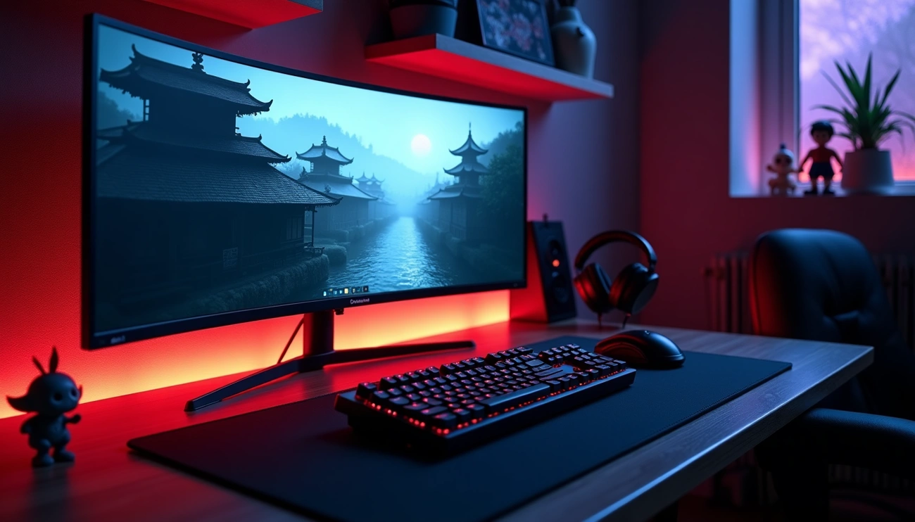 Configuration de jeu avec un écran incurvé affichant une scène brumeuse au bord d'une rivière de bâtiments asiatiques traditionnels au crépuscule.