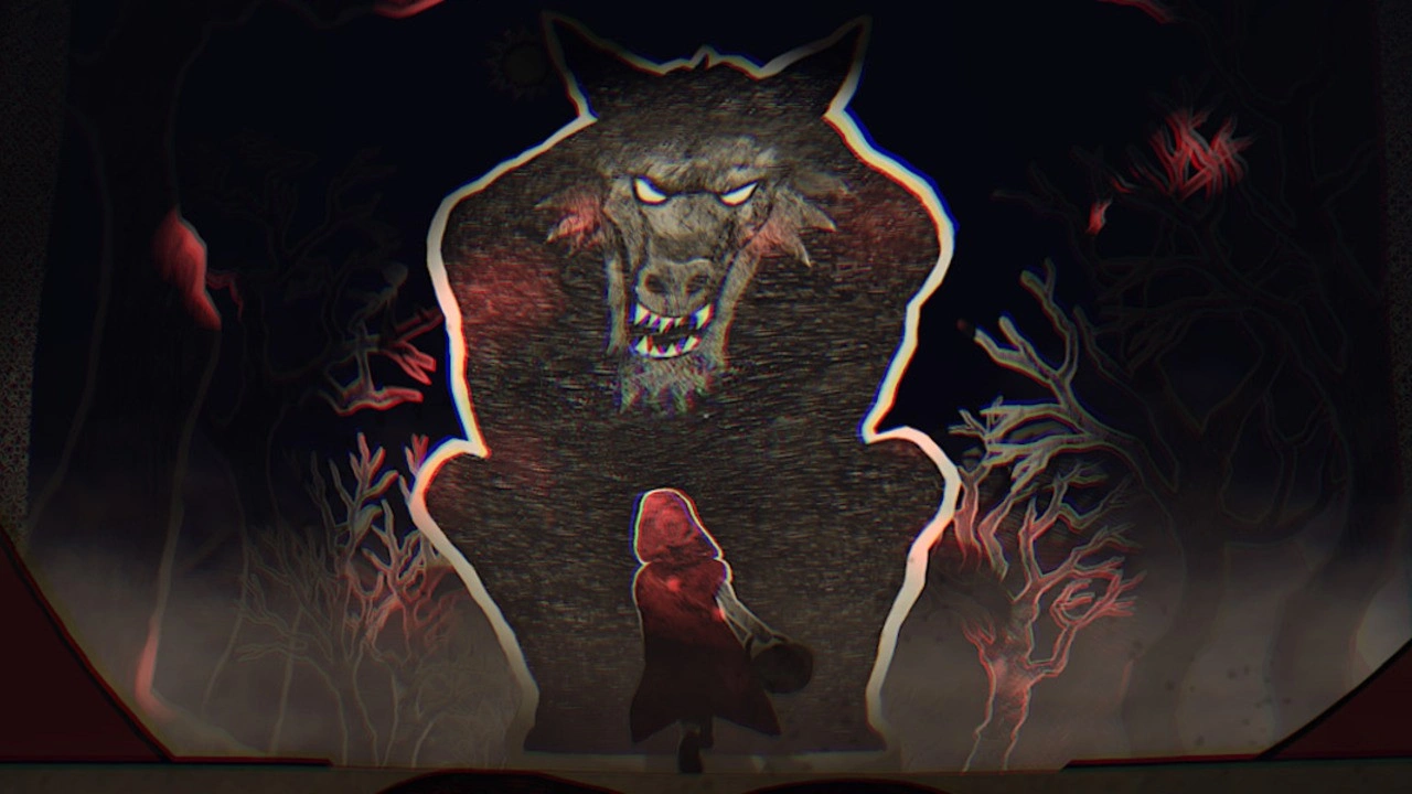 Una figura encapuchada se enfrenta a una gran y amenazante sombra de lobo con ojos brillantes en un entorno de bosque oscuro y misterioso.