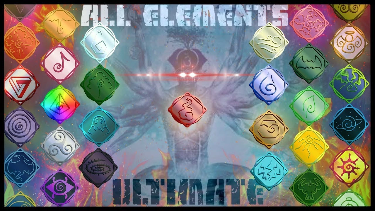 Colorful elemental symbols from Roblox Elemental Battlegrounds displayed around a meditating figure with glowing eyes and text 'All Elements Ultimate.'