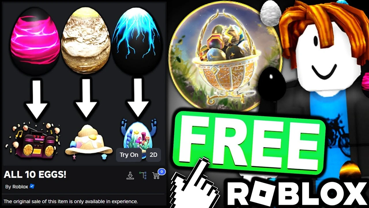 Roblox Hatch event guide showing eggs, prizes, and a free claim offer with a character and clickable hand icon.