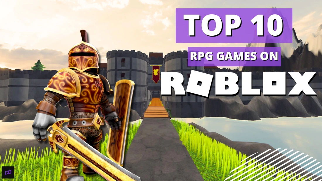 Armored Roblox character with sword and shield in front of a castle, promoting top 10 RPG games on Roblox by Cubold Gaming.