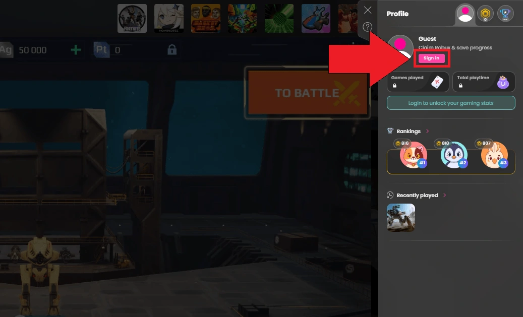 Screenshot of now.gg game profile menu highlighting the 'Sign In' button to save in-game progress permanently.