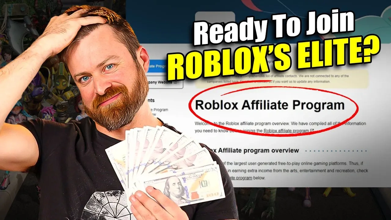 Person holding cash with a screen showing 'Roblox Affiliate Program' and text 'Ready To Join Roblox's Elite?'