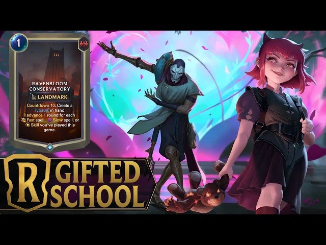 Carte Legends of Runeterra Ravenbloom Conservatory avec des personnages devant un cœur brillant et le logo Gifted School.
