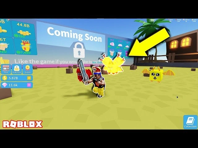 Roblox Unboxing Simulator character holding a sword with pets and a 'Coming Soon' locked area in the background.