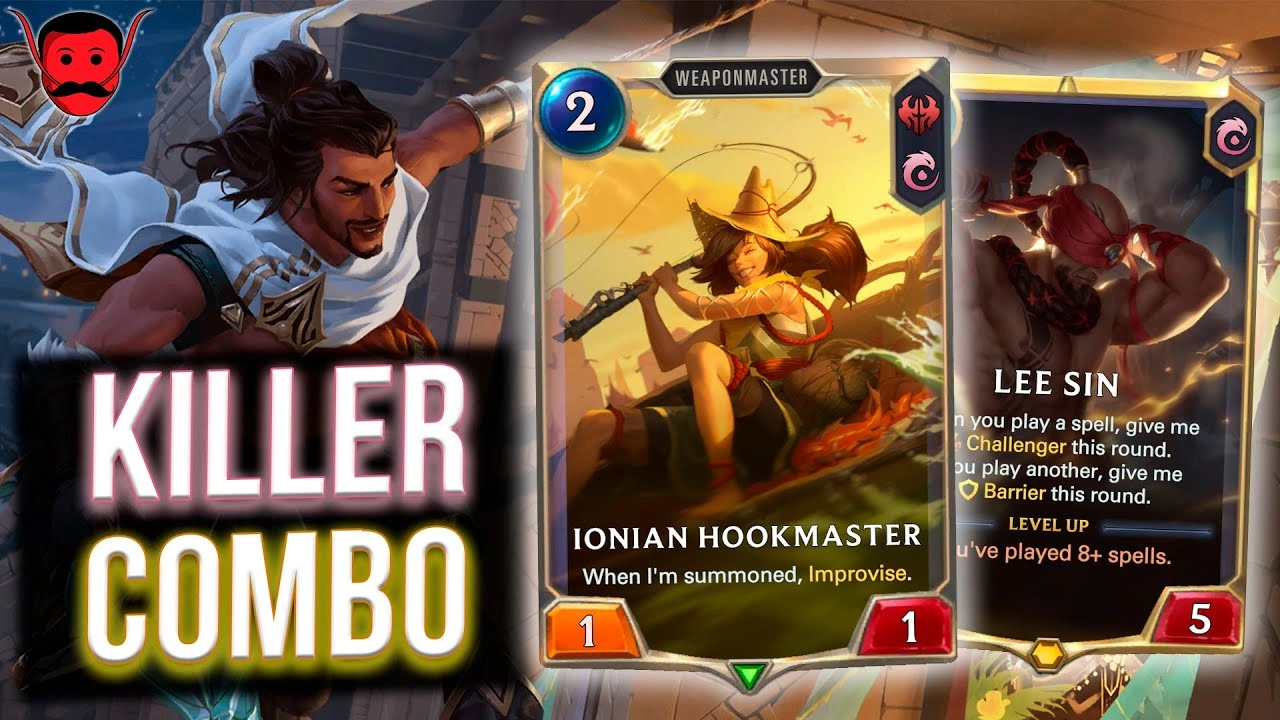 Guide de jeu de Legends of Runeterra avec les cartes Akshan, Lee Sin et Ionian Hookmaster avec le texte « Killer Combo ».