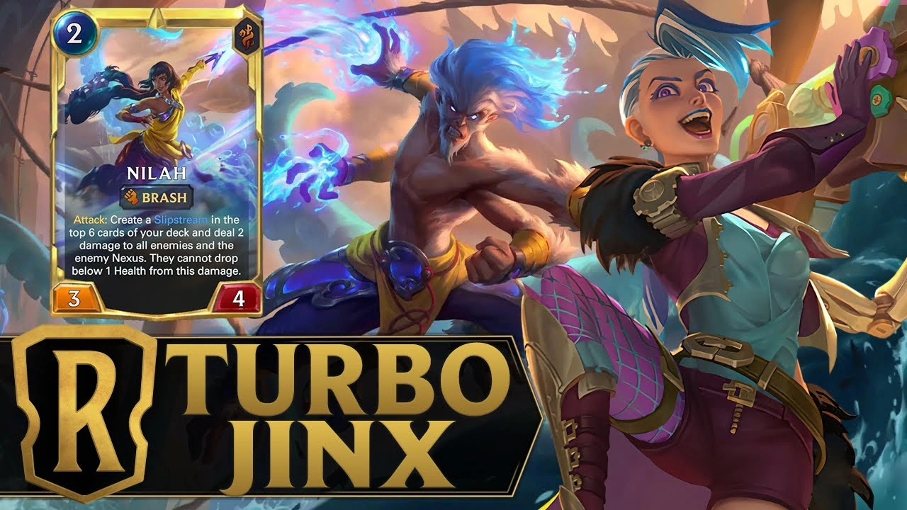 Carte Nilah de Legends of Runeterra et illustration vibrante de Nilah et Jinx en action avec superposition de texte Turbo Jinx.