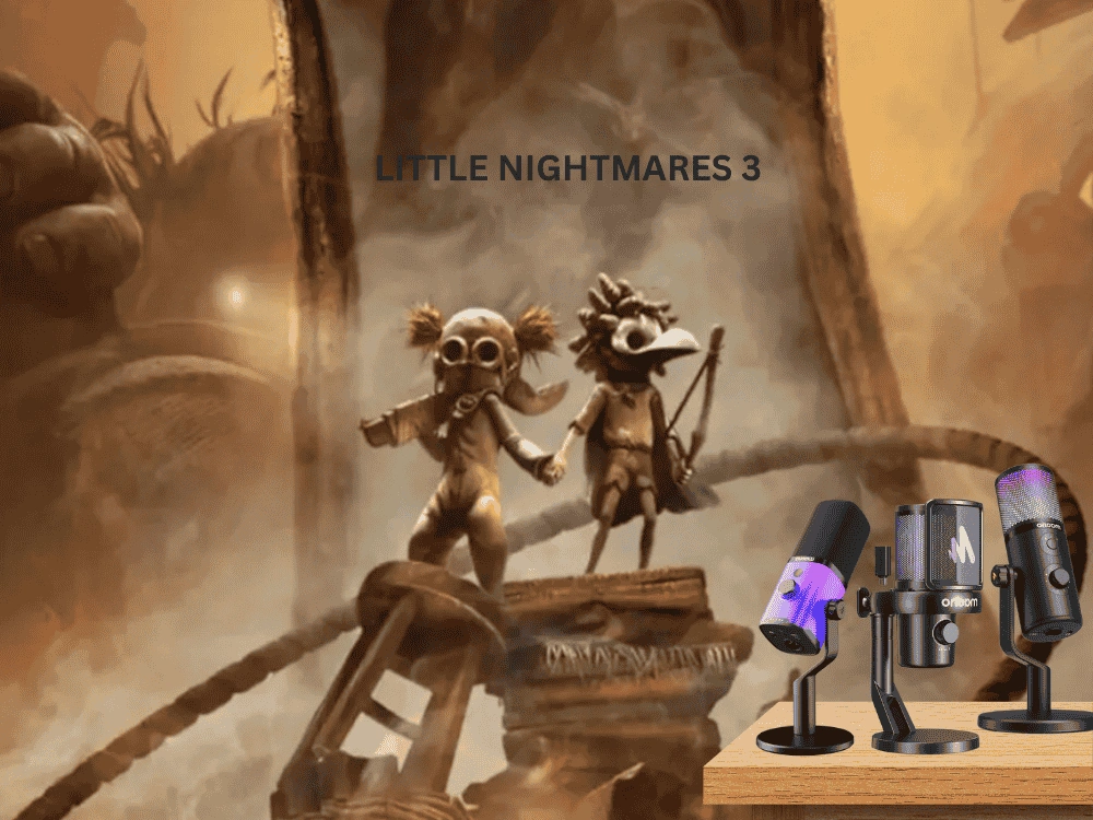 Les personnages de Little Nightmares 3 se tiennent la main avec des microphones de jeu affichés sur une table en bois au premier plan.