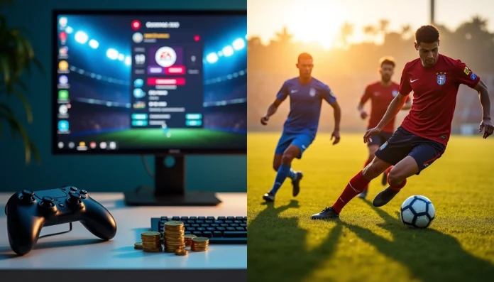 Video game controller and coins in front of a FIFA 26 game screen beside soccer players competing on a sunlit field.