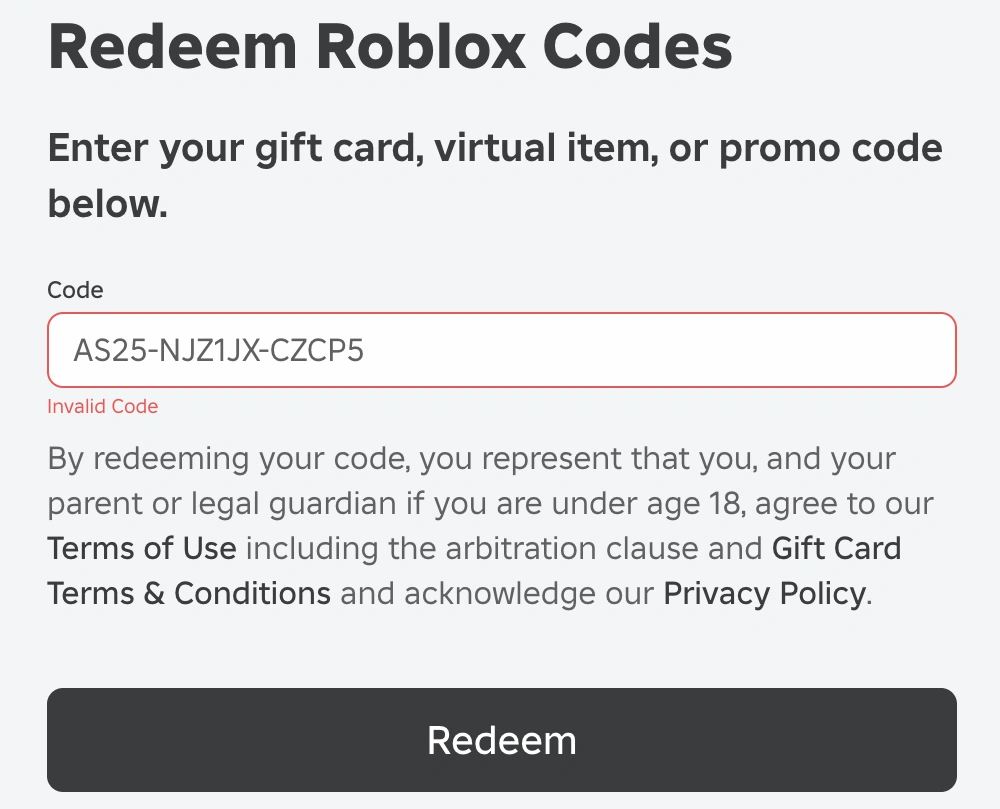 Auf der Seite zum Einlösen von Roblox-Geschenkkarten wird eine Fehlermeldung mit ungültigem Code und der Text der Nutzungsbedingungen angezeigt.