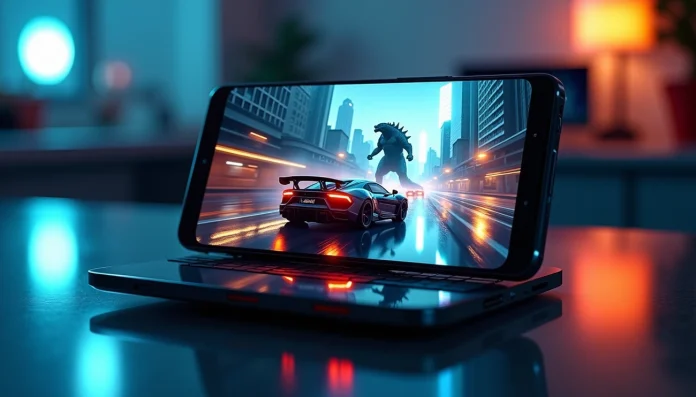 Smartphone displaying a high-graphics racing game with a monster in a futuristic city, placed on a laptop keyboard.