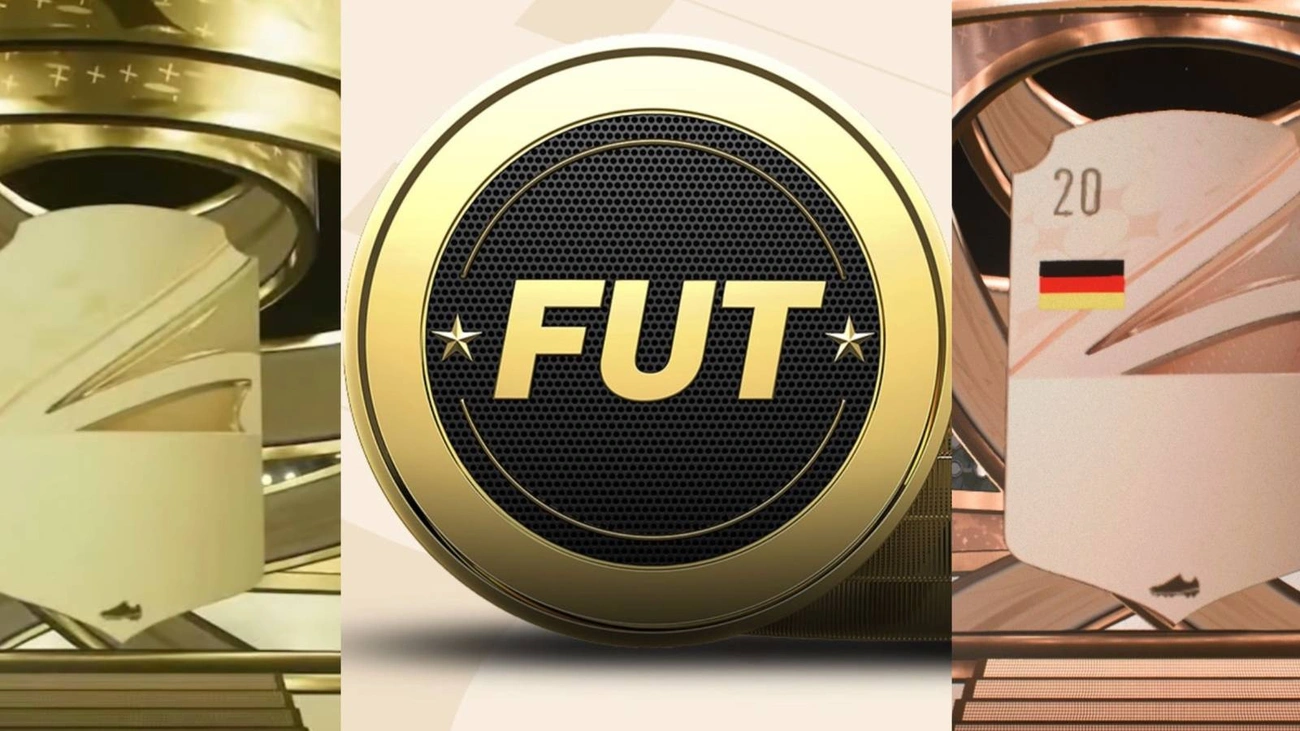Pièce d'or FUT de FIFA 23 Ultimate Team affichée entre les cartes des joueurs dans une interface de jeu.