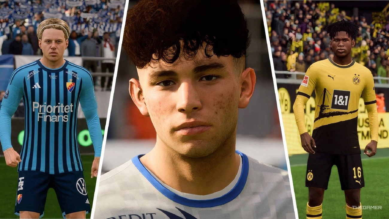 Trois jeunes talents du football FIFA 24 de moins de 70 ans portant des maillots du Djurgårdens IF, du Holstein Kiel et du Borussia Dortmund.