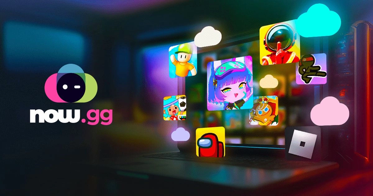 Logotipo de now.gg con íconos flotantes de juegos móviles populares y símbolos de nubes sobre un teclado de computadora portátil que brilla en una habitación oscura.