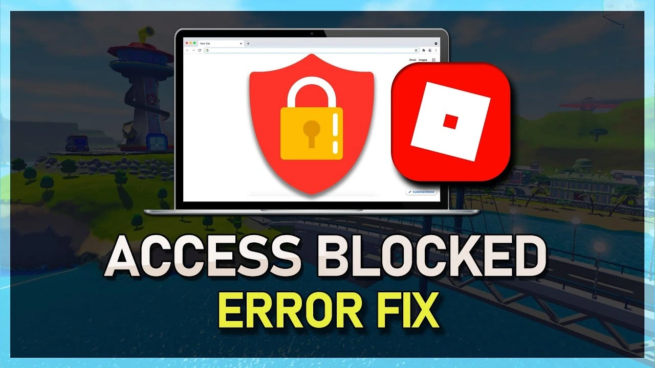 Pantalla de computadora portátil que muestra un escudo bloqueado y un ícono de Roblox con el texto 'Corrección de error de acceso bloqueado' para PC y Mac.