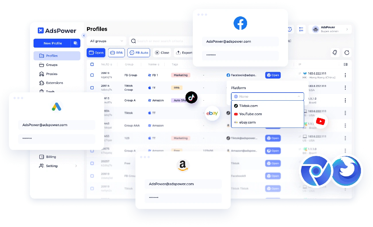 Interfaz de navegador antidetección de AdsPower que muestra la gestión de múltiples cuentas para plataformas como Facebook, Amazon, TikTok y eBay.