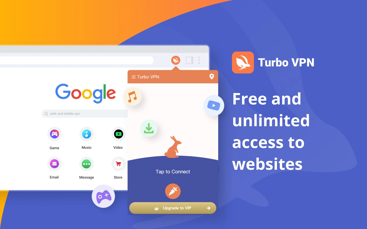 Extensión de Chrome Turbo VPN que ofrece acceso gratuito e ilimitado a sitios web con un botón de conexión con un solo clic.