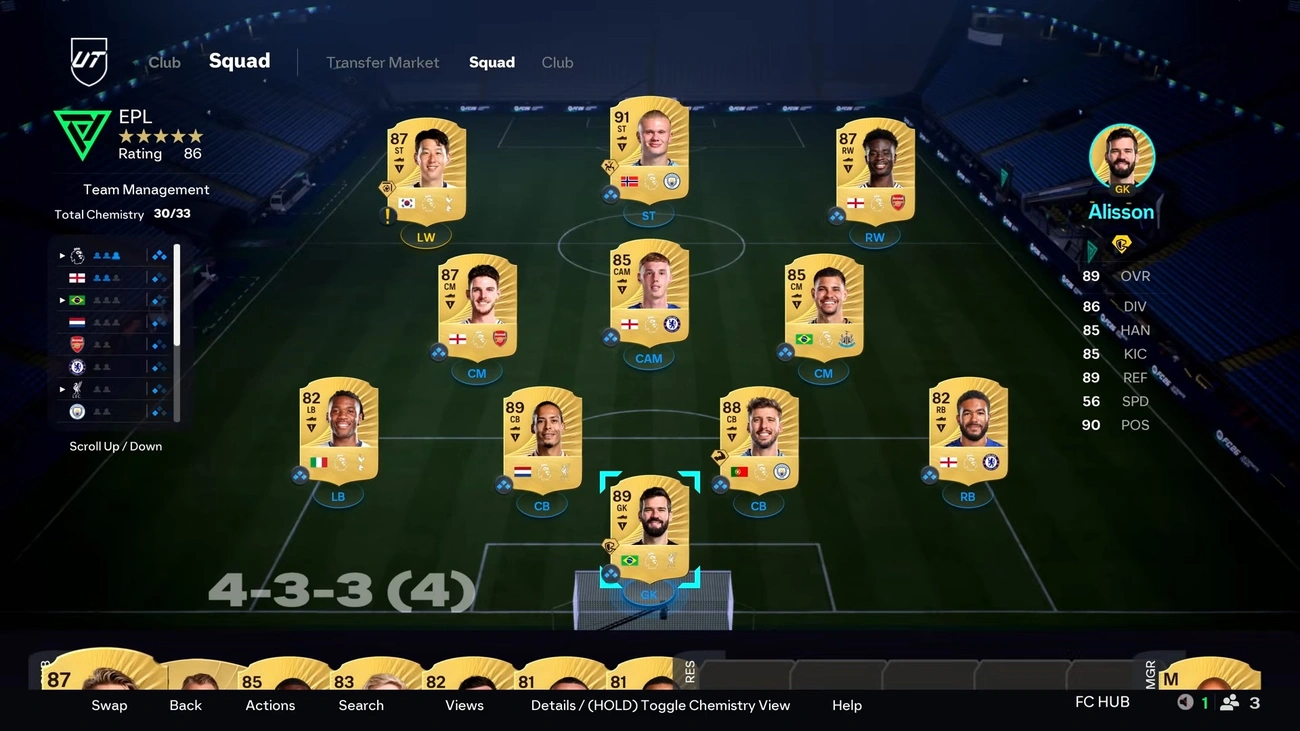 Écran EA FC 26 Ultimate Team montrant une composition d'équipe EPL avec les notes des joueurs et les statistiques de chimie dans une formation 4-3-3.