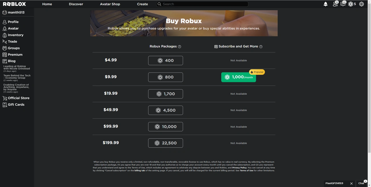 Auf der Roblox-Seite „Robux kaufen“ werden verschiedene Robux-Pakete angezeigt, wobei die Premium-Option mit 2200 Robux nicht verfügbar ist.