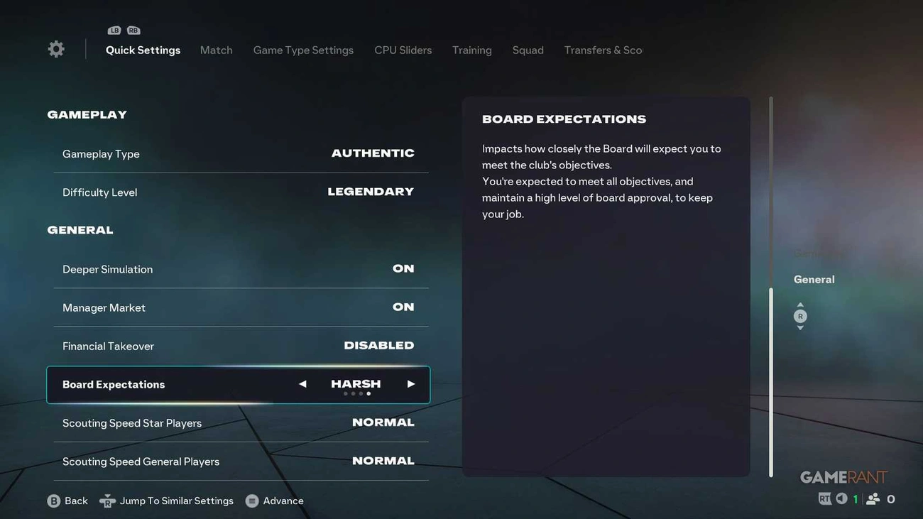 Écran des paramètres rapides du mode carrière du FC 26 affichant le gameplay, les paramètres généraux et les attentes du plateau définies comme strictes.