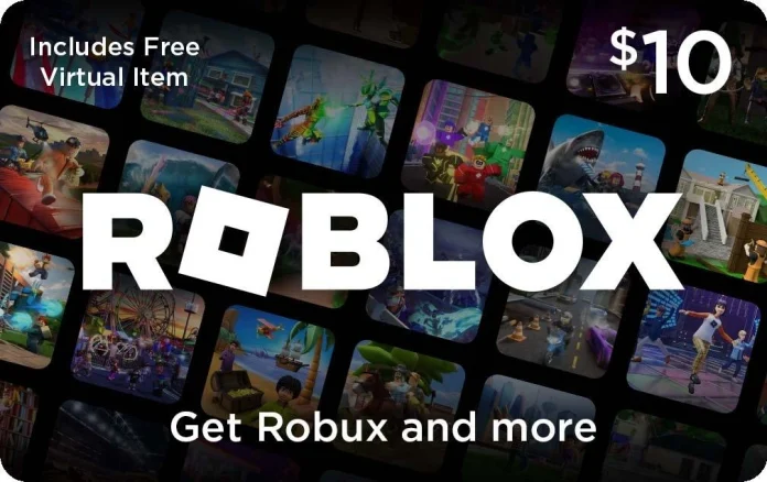 Roblox $10 gift card with game scenes background, includes free virtual item and Robux credit.