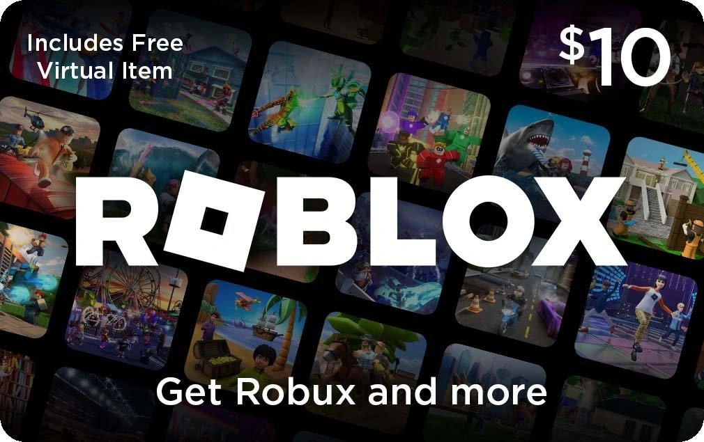Roblox-Geschenkkarte im Wert von 10 $ mit Spielszenen-Hintergrund, inklusive kostenlosem virtuellen Gegenstand und Robux-Guthaben.
